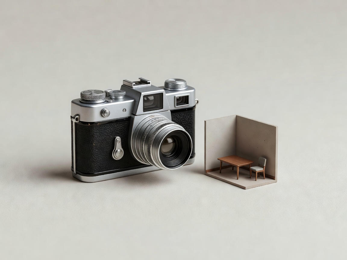 Soft-lit three-dimensional miniature film camera beside a small set model on a plain background