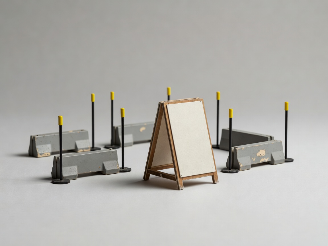 Soft-lit three-dimensional miniature set barriers and production marker on a plain background