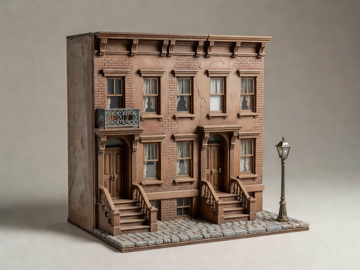 Soft-lit three-dimensional miniature building facade and set pieces on a plain background