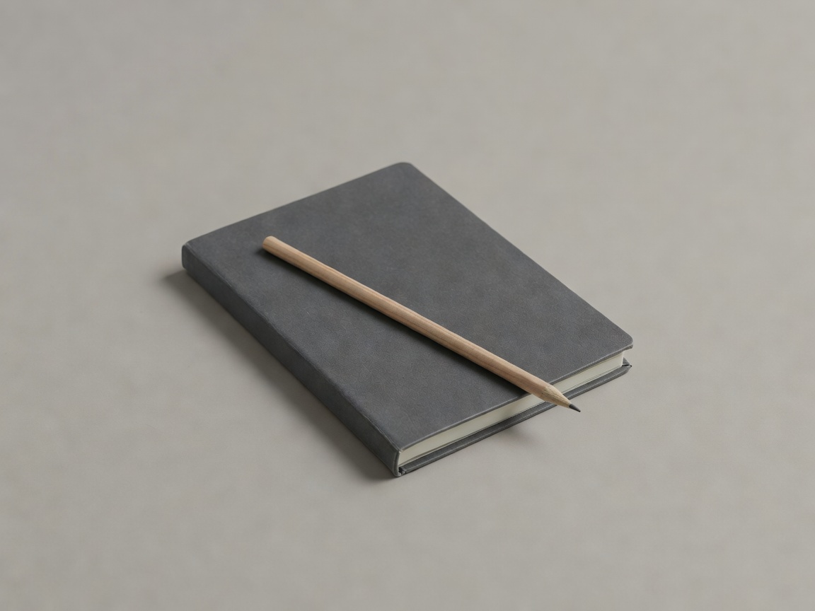Soft-lit three-dimensional production notebook and pencil on a plain background