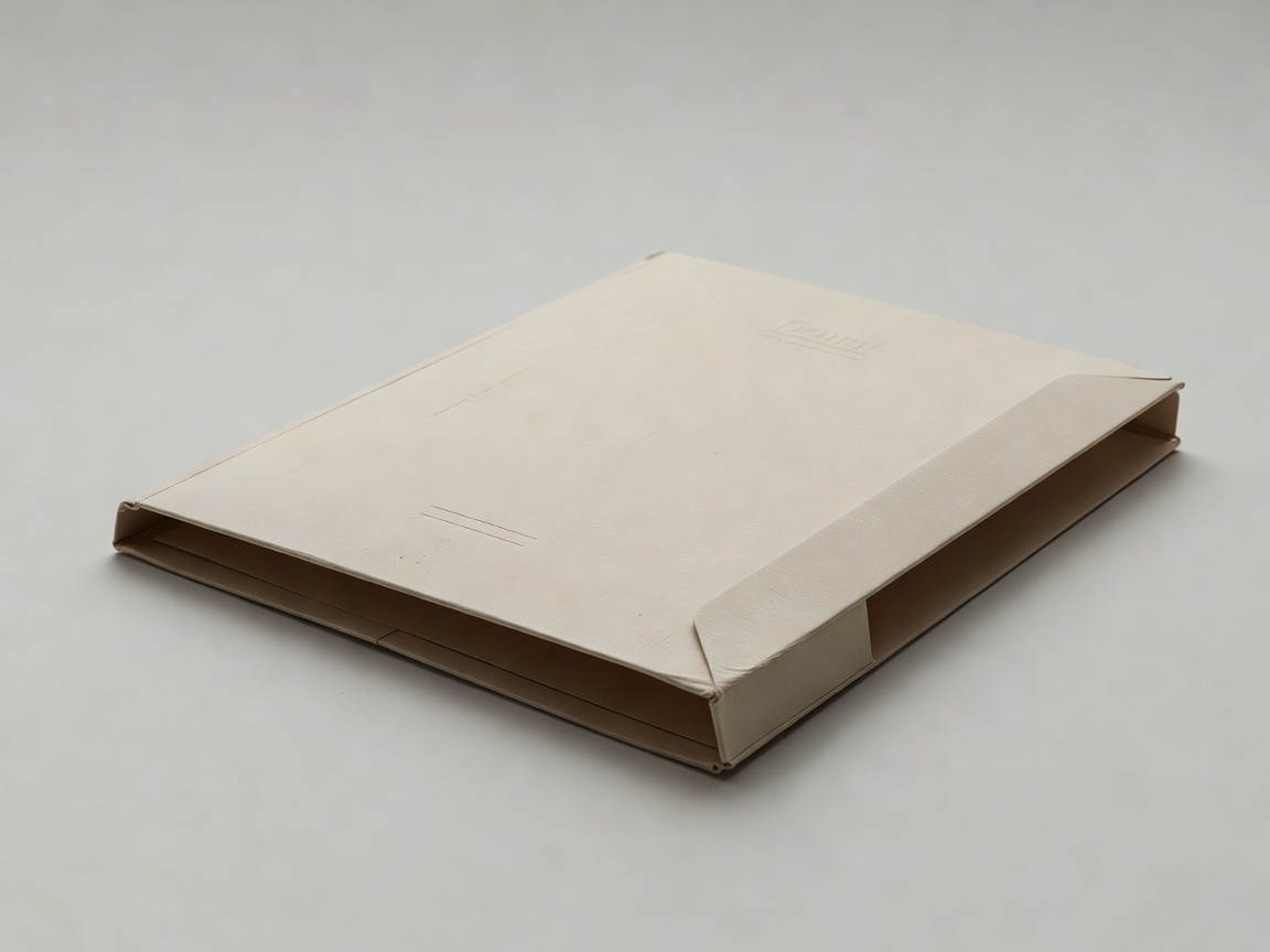 Soft-lit three-dimensional production document folder on a plain background